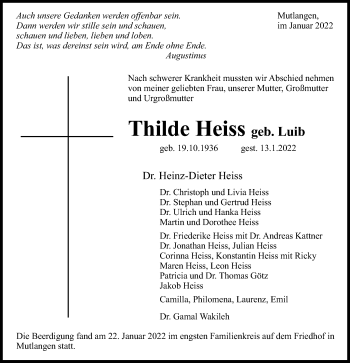 Traueranzeige von Thilde Heiss von Gmünder Tagespost