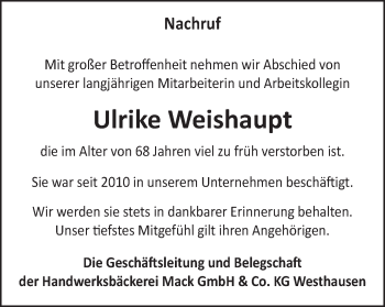 Traueranzeige von Ulrike Weishaupt von Schwäbische Post