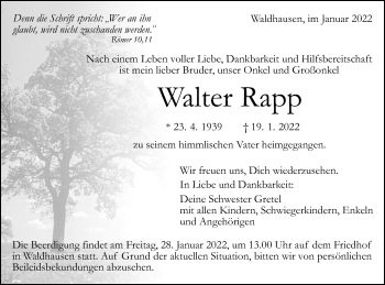Traueranzeige von Walter Rapp von Gmünder Tagespost