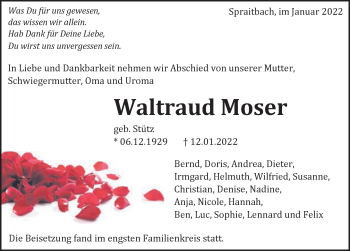 Traueranzeige von Waltraud Moser von Gmünder Tagespost