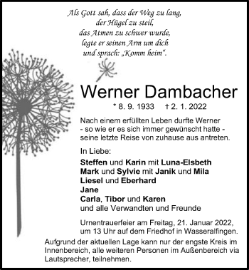 Traueranzeige von Werner Dambacher von Schwäbische Post