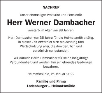 Traueranzeige von Werner Dambacher von Schwäbische Post