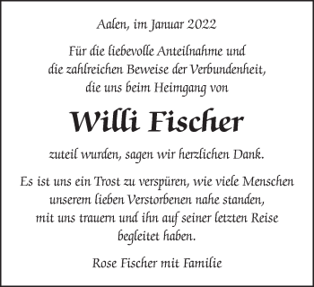 Traueranzeige von Willi Fischer von Schwäbische Post