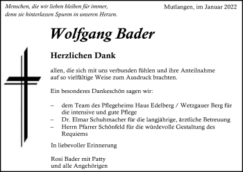 Traueranzeige von Wolfgang Bader von Gmünder Tagespost