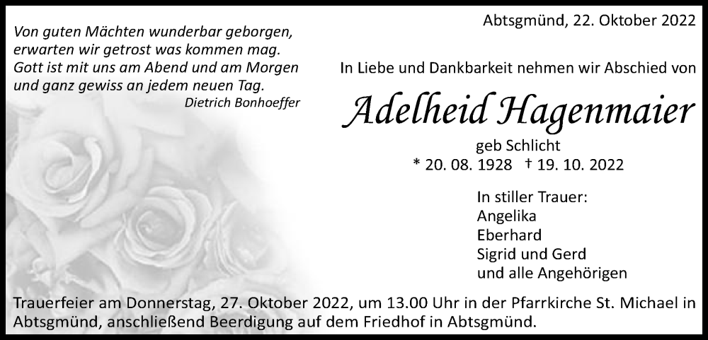  Traueranzeige für Adelheid Hagenmaier vom 22.10.2022 aus Schwäbische Post