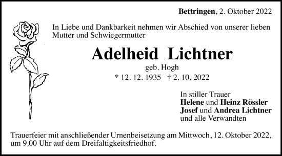 Traueranzeige von Adelheid Lichtner von Gmünder Tagespost