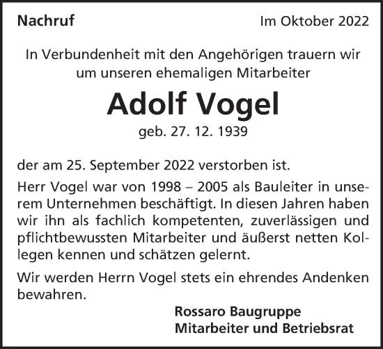 Traueranzeige von Adolf Vogel von Schwäbische Post
