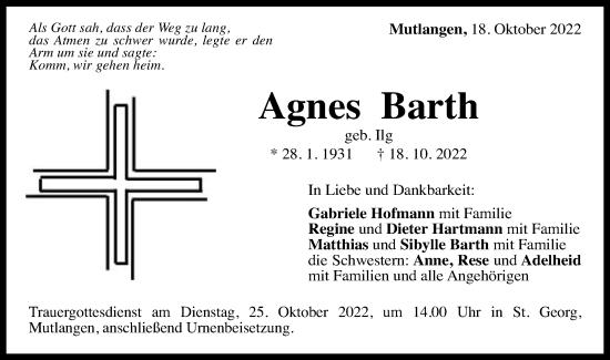 Traueranzeige von Agnes Barth von Gmünder Tagespost