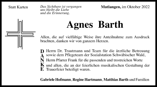 Traueranzeige von Agnes Barth von Gmünder Tagespost
