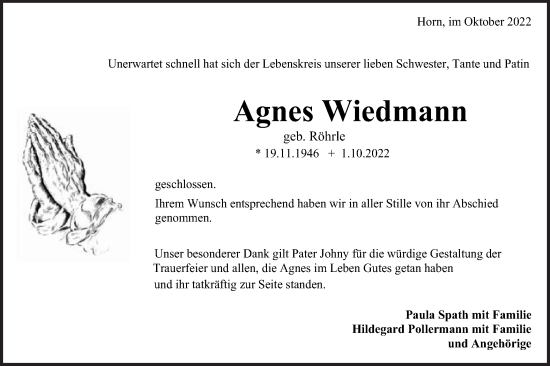 Traueranzeige von Agnes Wiedmann von Gmünder Tagespost