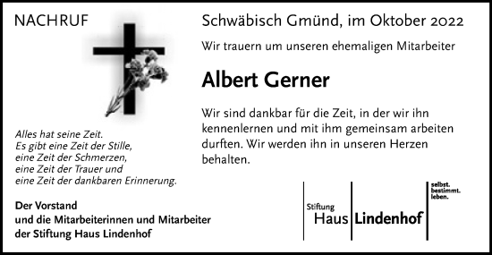 Traueranzeige von Albert Gerner  von Gmünder Tagespost