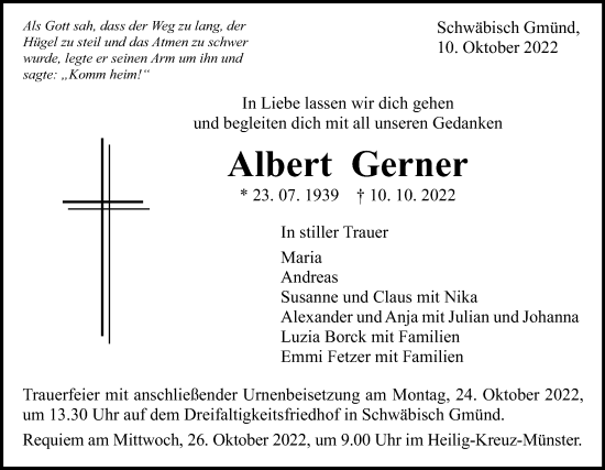 Traueranzeige von Albert Gerner  von Gmünder Tagespost