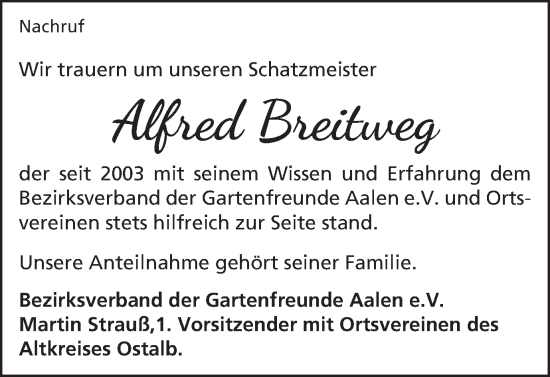 Traueranzeige von Alfred Breitweg von Schwäbische Post