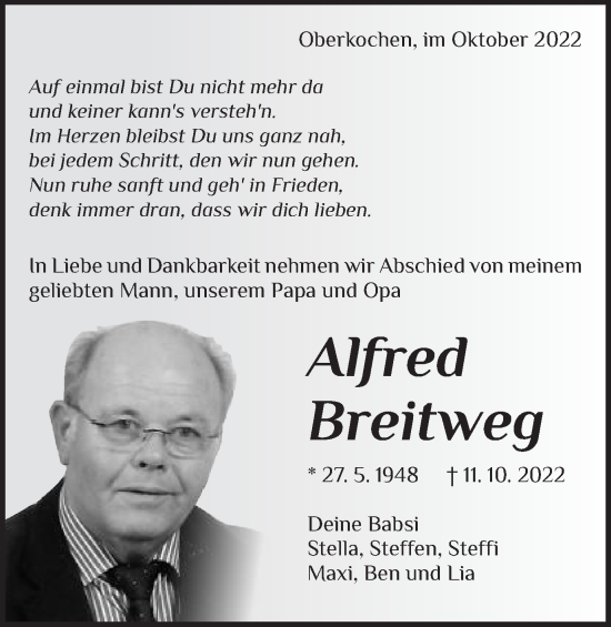 Traueranzeige von Alfred Breitweg von Amtsblatt_Oko