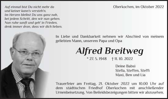 Traueranzeige von Alfred Breitweg von Schwäbische Post