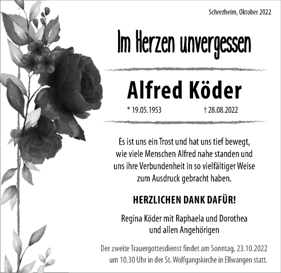Traueranzeige von Alfred Köder von Schwäbische Post