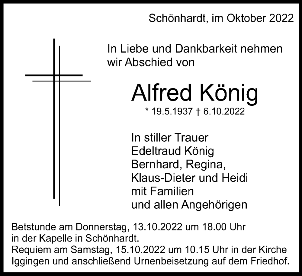  Traueranzeige für Alfred König vom 12.10.2022 aus Gmünder Tagespost