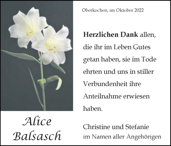 Traueranzeige von Alice Balsasch von Amtsblatt_Oko