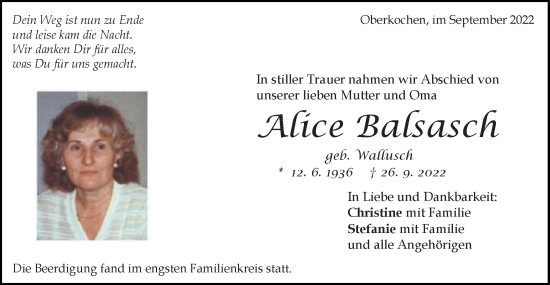 Traueranzeige von Alice Balsasch von Schwäbische Post
