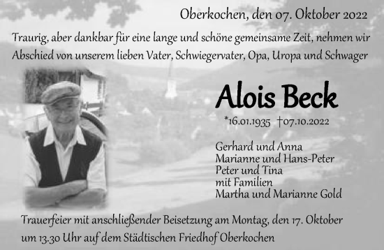 Traueranzeige von Alois Beck von Amtsblatt_Oko