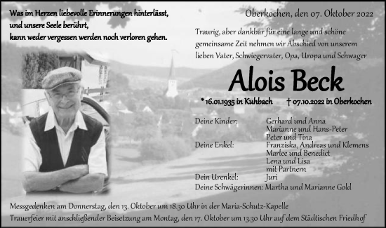 Traueranzeige von Alois Beck von Schwäbische Post