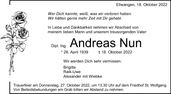 Traueranzeige von Andreas Nun von Schwäbische Post