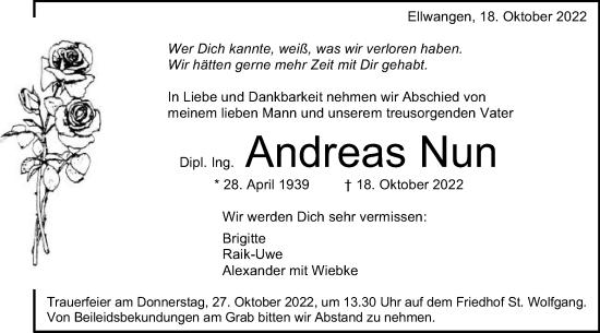 Traueranzeige von Andreas Nun