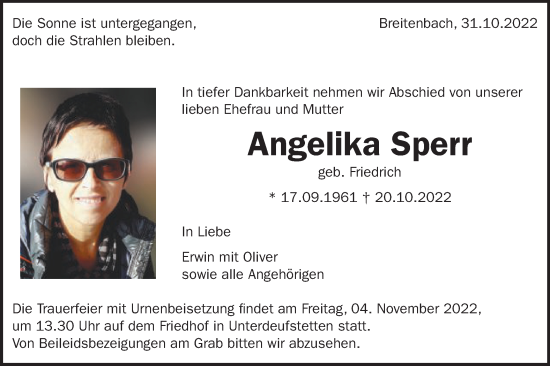 Traueranzeige von Angelika Sperr von Schwäbische Post