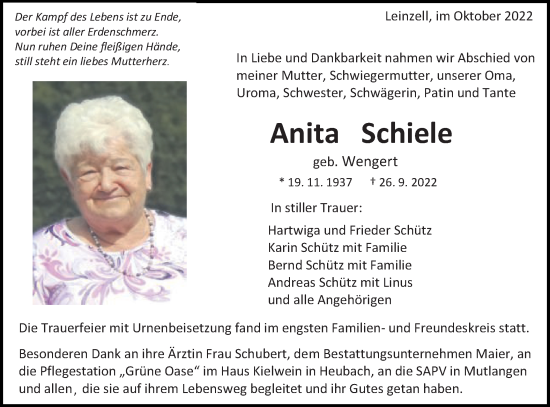 Traueranzeige von Anita Schiele