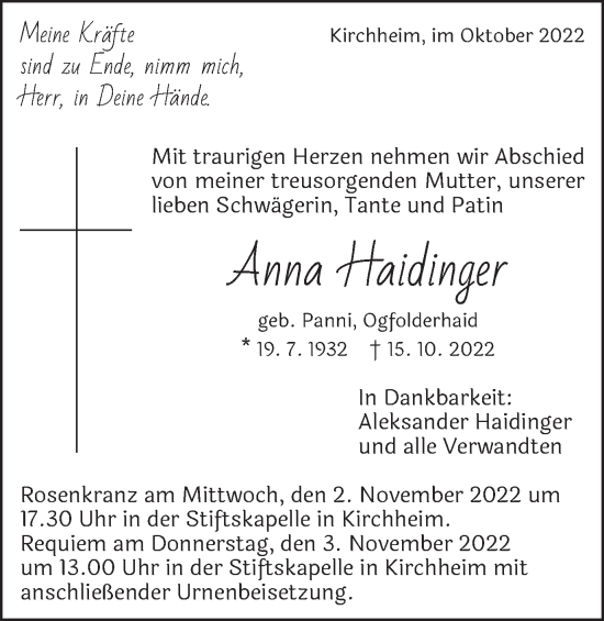 Traueranzeige von Anna Haidinger von Schwäbische Post