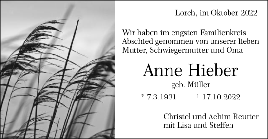 Traueranzeige von Anne Hieber von Gmünder Tagespost
