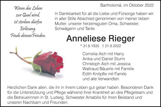 Traueranzeige von Anneliese Rieger von Gmünder Tagespost