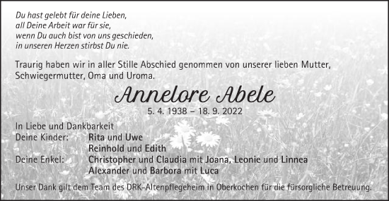 Traueranzeige von Annelore Abele von Schwäbische Post
