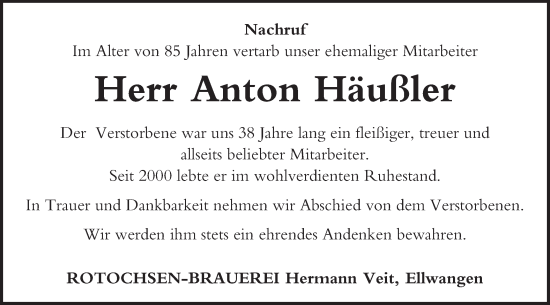 Traueranzeige von Anton Häußler von Schwäbische Post