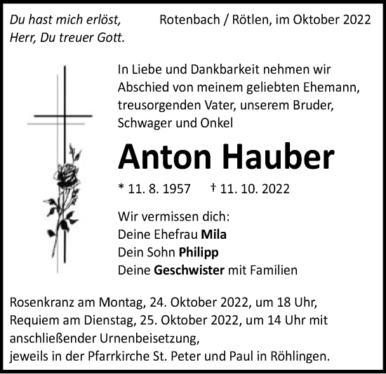 Traueranzeige von Anton Hauber von Schwäbische Post