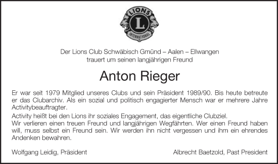 Traueranzeige von Anton Rieger von Schwäbische Post