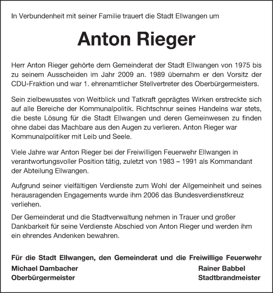 Traueranzeige von Anton Rieger von Schwäbische Post