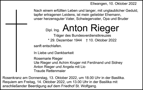 Traueranzeige von Anton Rieger von Schwäbische Post