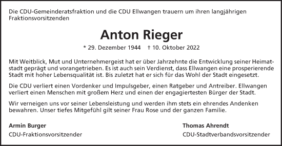 Traueranzeige von Anton Rieger von Schwäbische Post