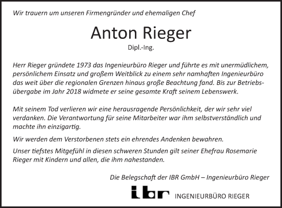 Traueranzeige von Anton Rieger von Schwäbische Post