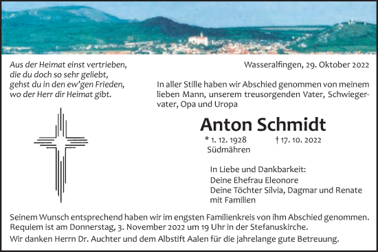 Traueranzeige von Anton Schmidt von Schwäbische Post