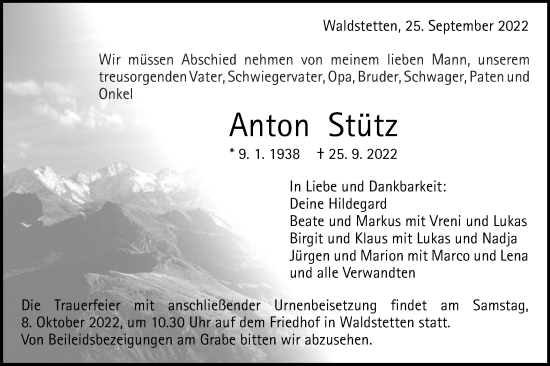 Traueranzeige von Anton Stütz von Gmünder Tagespost