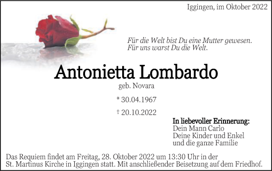 Traueranzeige von Antonietta Lombardo von Gmünder Tagespost