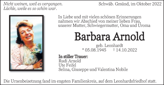 Traueranzeige von Barbara Arnold von Gmünder Tagespost