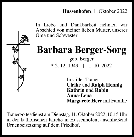Traueranzeige von Barbara Berger-Sorg von Gmünder Tagespost