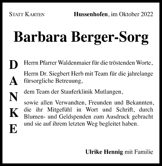 Traueranzeige von Barbara Berger-Sorg von Gmünder Tagespost