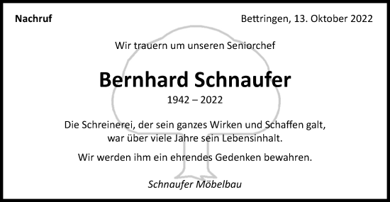 Traueranzeige von Bernhard Schnaufer von Gmünder Tagespost