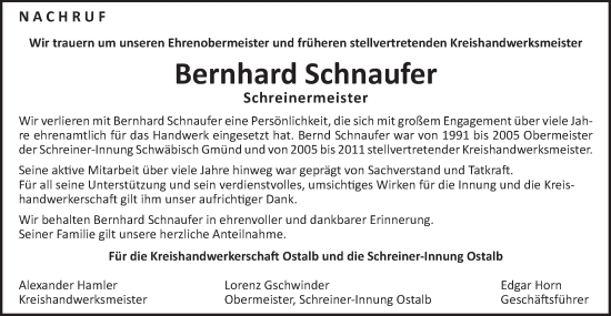 Traueranzeige von Bernhard Schnaufer von Gmünder Tagespost