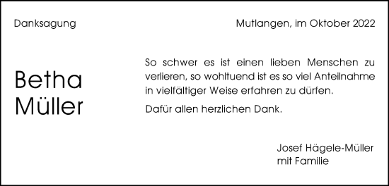 Traueranzeige von Betha Müller