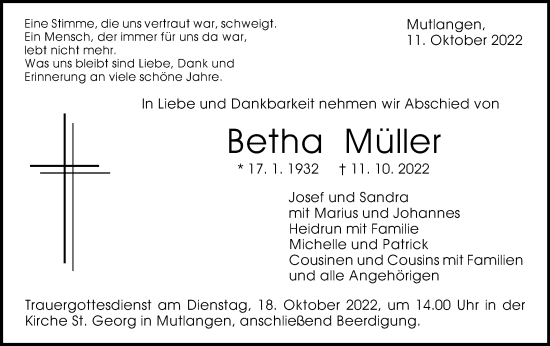 Traueranzeige von Betha Müller